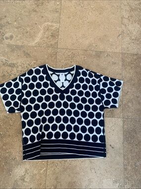 CAbi Navy and White Polka Dot Short Sleeve Sweater Top